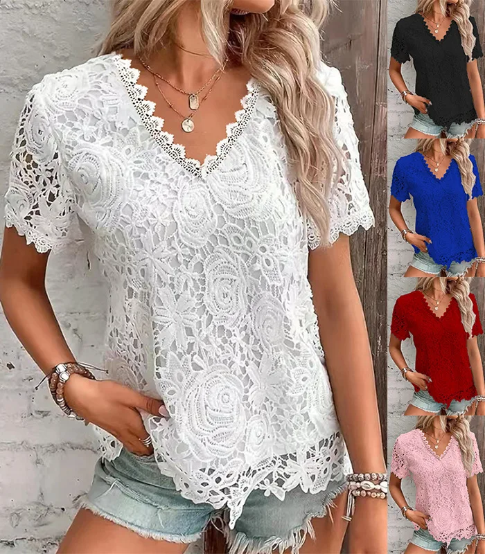 

Women T shirt Lace Blouse V neck Top Plus Size Short Sleeves Summer Autumn Tee 5xl 4xl