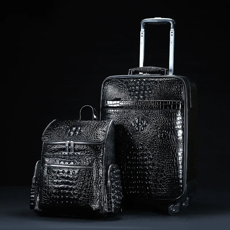 New Alligator Pattern Suitcase with Tote Backpack Men's First Layer Cowhide Trolley Suitcase Boarding Box