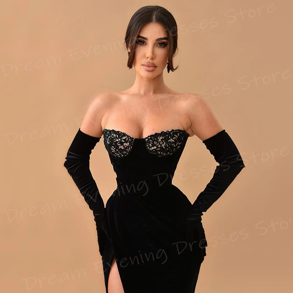 Classic Charming Black Mermaid Simple Women's Evening Dresses Sleeveless Strapless Prom Gowns High Side Split فساتين سعيد شارون