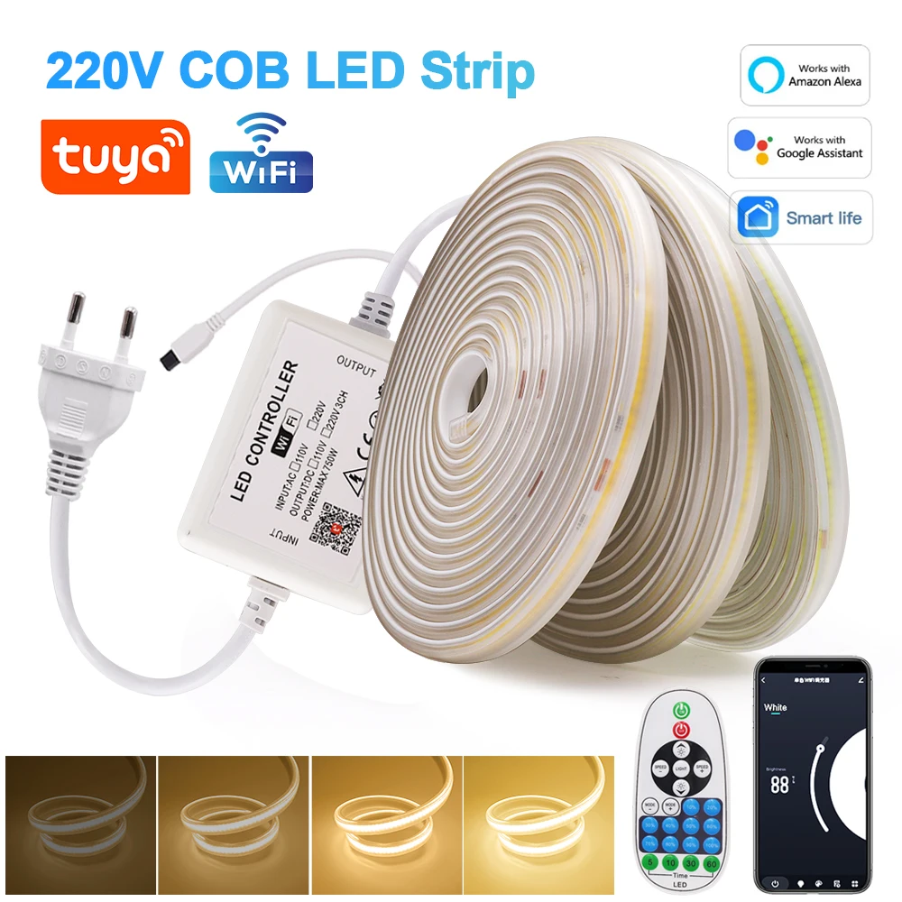 Tuya Wifi Alexa Control Dimmerbare Ac 220V Cob Strip Ip65 Waterdicht Bluetooth Flexibele Lint Stripe Ketting Tape Led Licht