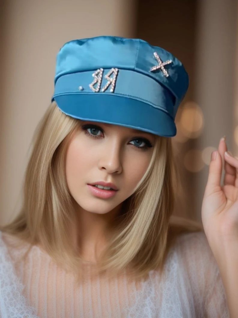 Gorra de vendedor de periódicos con letras de diamantes para mujer, gorro de panadero adornado con cristal, S-XL para diferentes tamaños de cabeza,