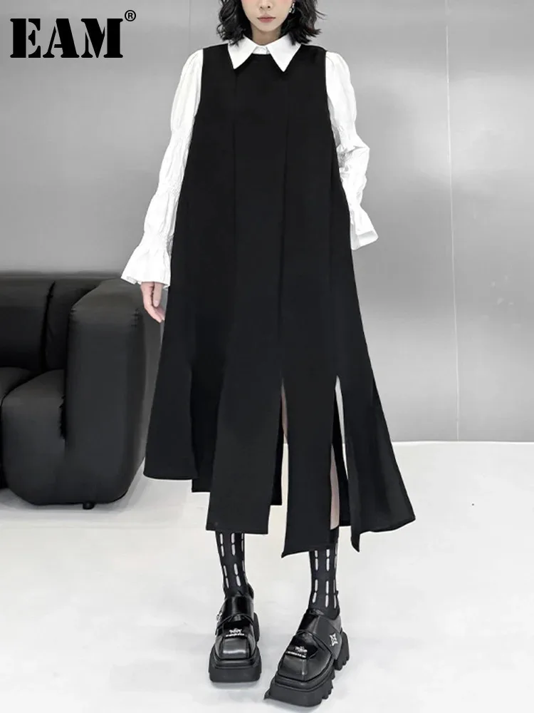 [EAM] Women Black Irregular Ribbons Big Size Strap Dress New Round Neck Sleeveless Fashion Tide Spring Autumn 2025 1DH8059