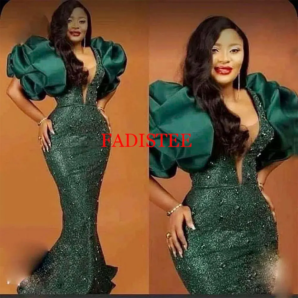 

Puff Sleeves Bead Sequined Hunter Green Prom Dresses Mermaid Evening Dress Plus Size Party Gowns For African Women Robes