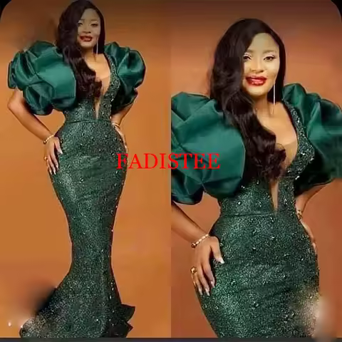 Customized Puff Sleeves Bead Sequined Hunter Green Prom Dress Mermaid Evening Dress Plus Size Party Gown For African Women Robes