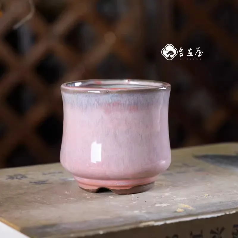 Ceramic Glazed Cup Shape Bonsai Pot,Small Vase, Traditional Chinese Kiln Transmission Color,Dormitory,Garden Decoration