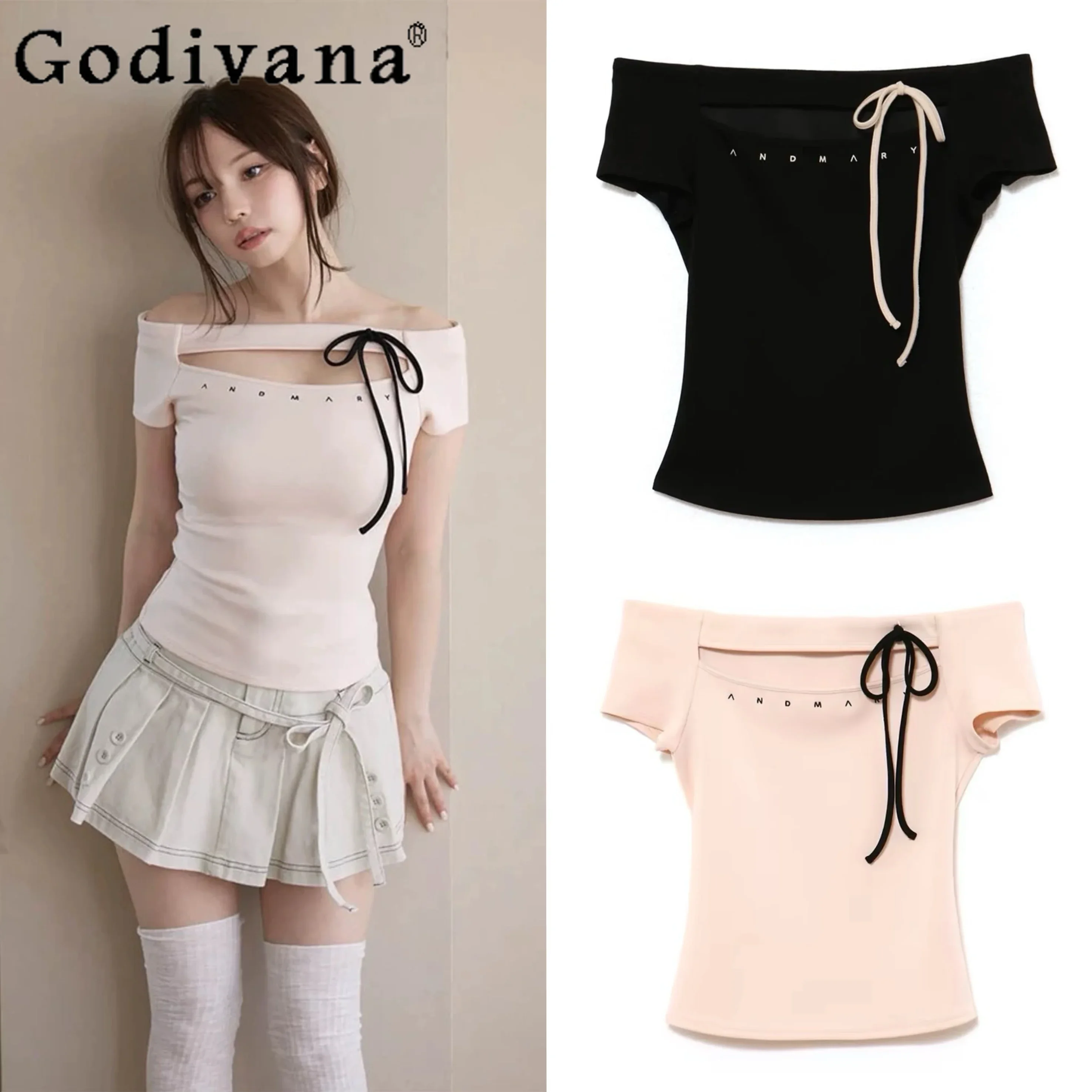 IMU 2026 Summer New Japanese Style Sweet Girls Off-shoulder T-Shirt Women's Slimming Letter Embroidered Casual Tops Female Cloth