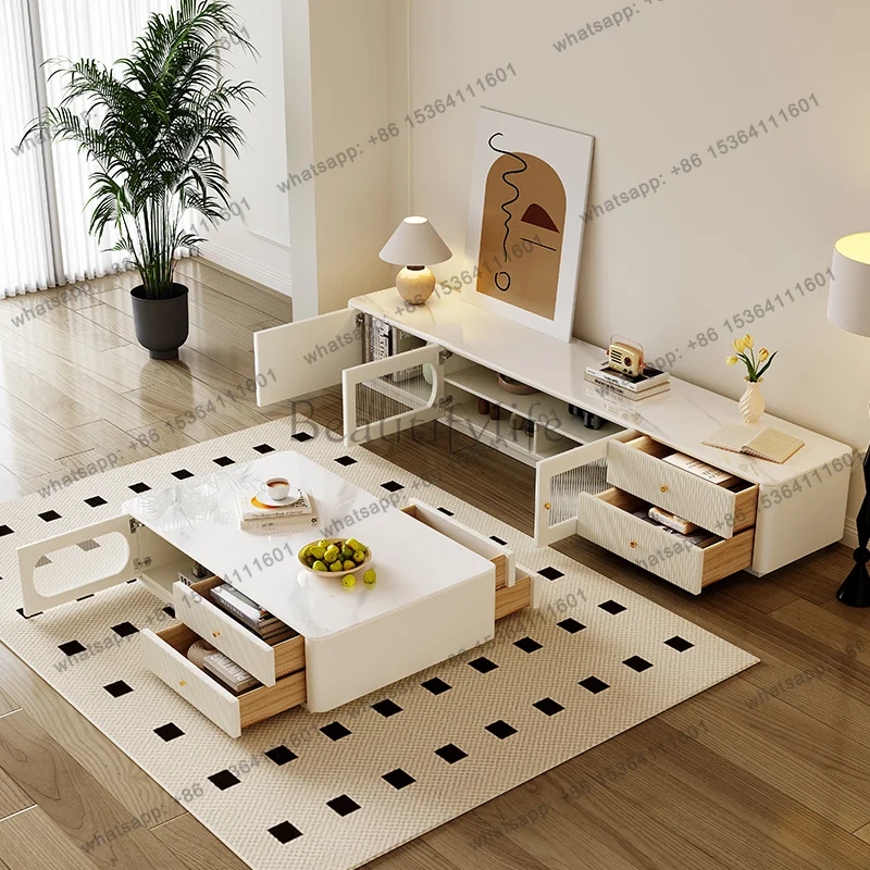 LDFurniture and Home Cream Wind Rock Plate Tea Table TV Cabinet Combination Living Room Household Small Unit Storage