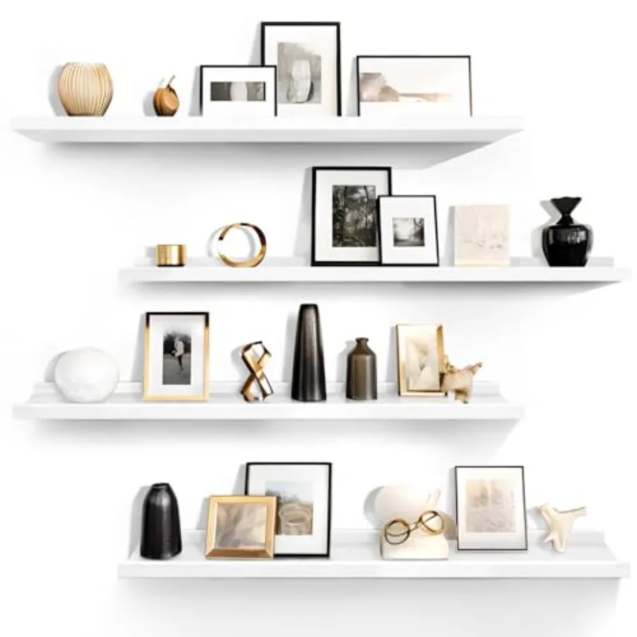 

35,4-дюймовые белые плавающие полки для настенного хранения, 4-секционный минималистичный светодиодный настенный декор для кухни, спальни и гостиной