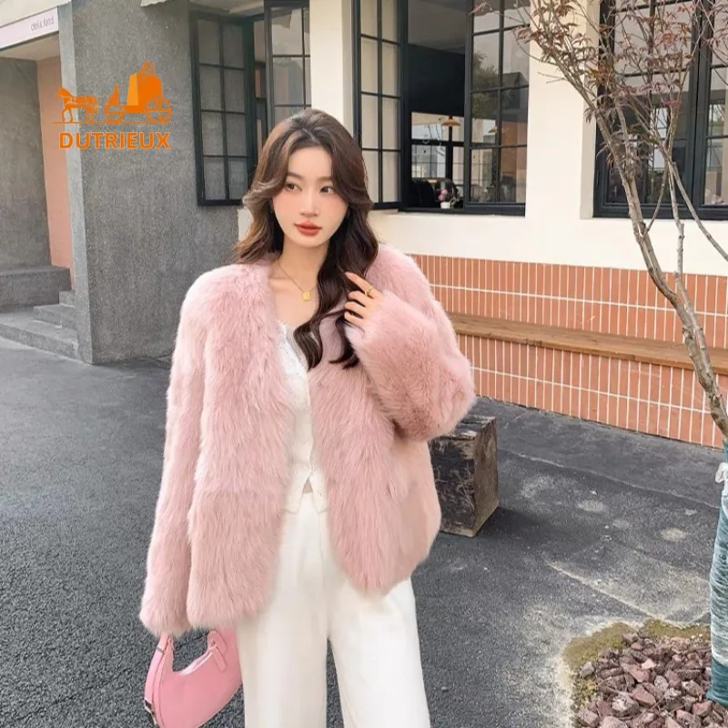 24 New Winter Fur Coat for Women, Elegant and Loose Short V-neck Tuscan Fur Coat Warm Windproof Jacket Coat for Women for Party