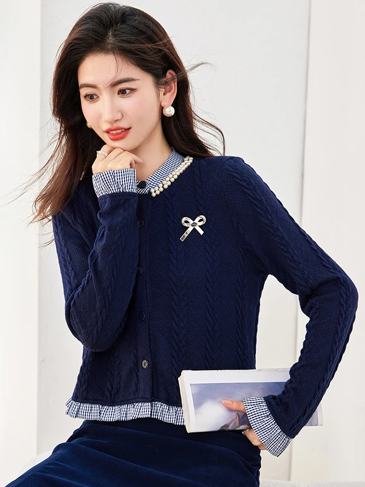 Women Clothes Fake Two Pieces Knitted Cardigan Autumn New Vintage Preppy Style Chic Casual Tops Female Simple Sweater