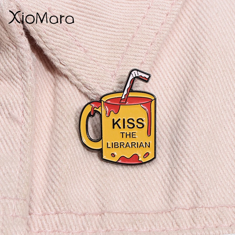 Kiss the Librarian Blood Mug Enamel Pin Vampire Horror Movies Inspiration Metal Brooch Lapel Badge Jewelry Gifts For Friends