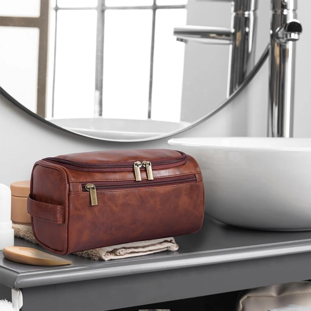 1Pcs Toiletry Bag for Men, Large Leather Shaving Kit, Travel Essentials, Water-resistant Shaving Bag for Toiletries Accessories