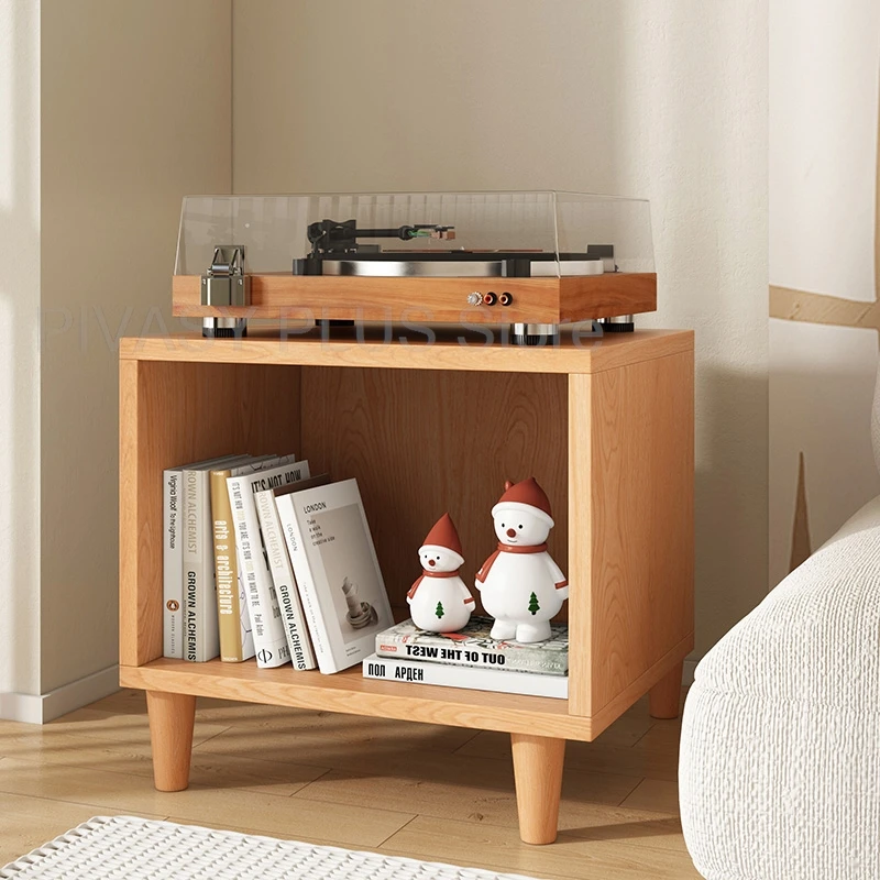 Solid Wood Record Player Stand Vinyl Storage Cabinet with Open Shelves for Turntable Books Display Sofa Side Table Vintage Style