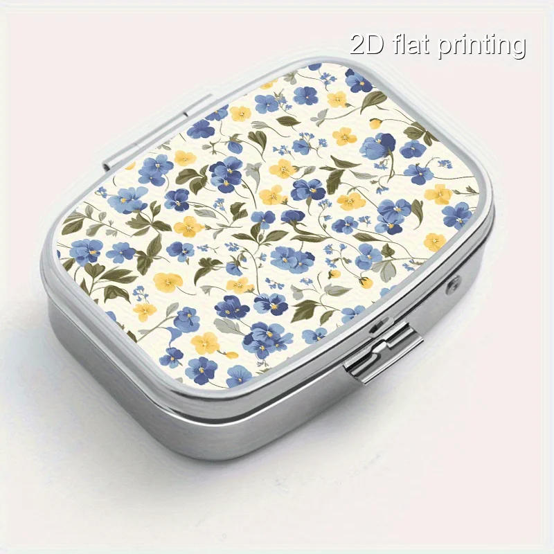 1Pcs Blue and Yellow Floral Print Square Sealed Box, Two-Compartment Sealed Pill Box, Mini Portable Sealed Box, Suitable for Travel, Outdoor Activities, or as a Portable Sealed Box for Wallets or Bags, Multifunctional Metal Box for Decorations, Jewelry, Earrings, Vitamin Storage Box with Multiple Compartments, Organizer Box for Home Use, Travel, Moisture-Proof, Unique Holiday Gifts, Birthday Small Gifts, Collection Box