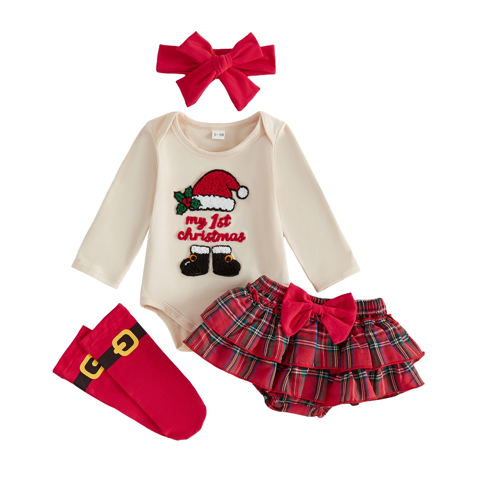 Baby Girl Christmas Outfit Romper Plaid Ruffled Shorts Headband Stockings