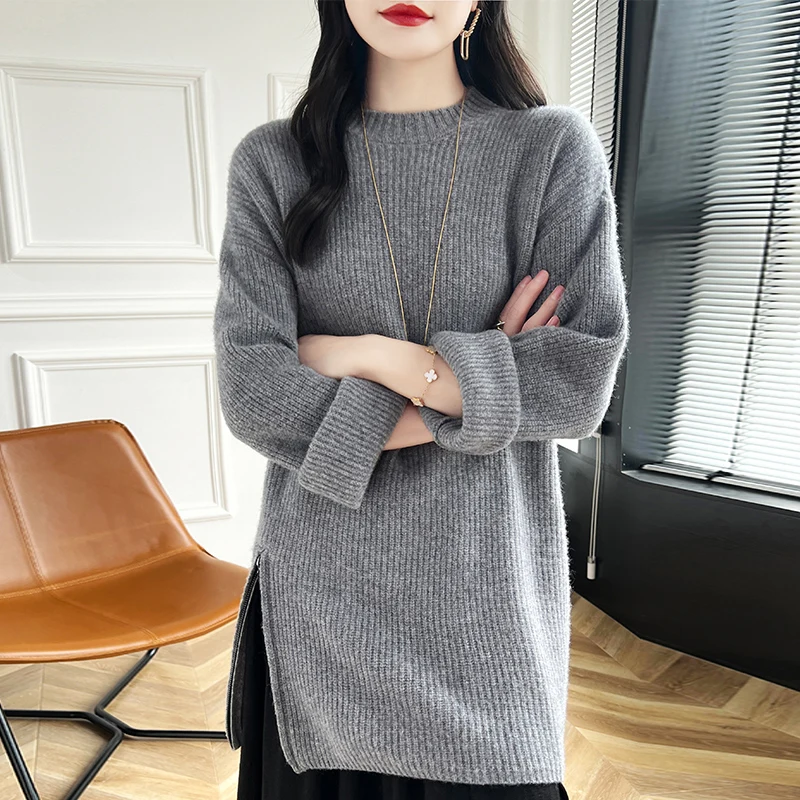 2024 Autumn/Winter Women Loose Sweet Sweaters 100% Wool Knitted Leisure O-neck Long Pullovers Warm Soft Tops