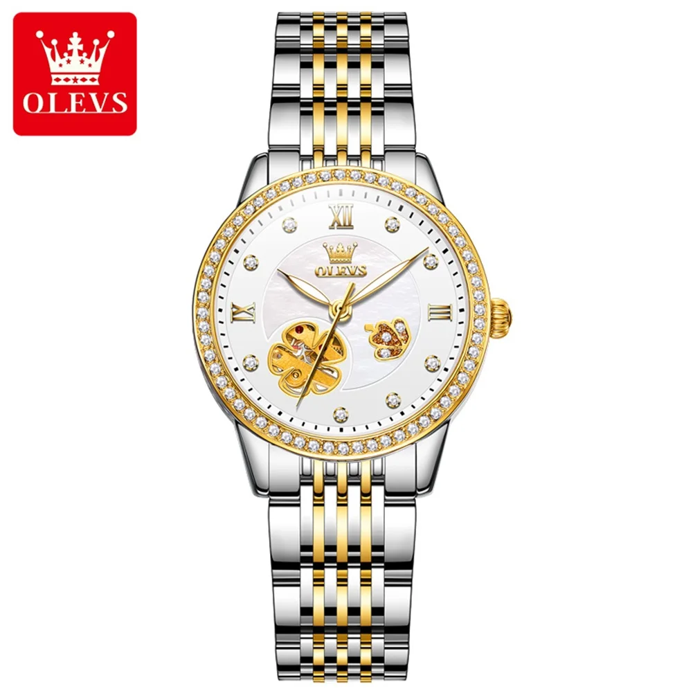 OLEVS 6706 Automatic Watches for Women Elegant Luxury Fashion Hollow Flower Diamond Bezel Stainless Steel Mechanical Woman Watch