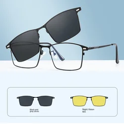 Gafas de sol magnéticas polarizadas para hombres, montura rectangular, Clip magnético, prescripción óptica de Metal, 3 en 1