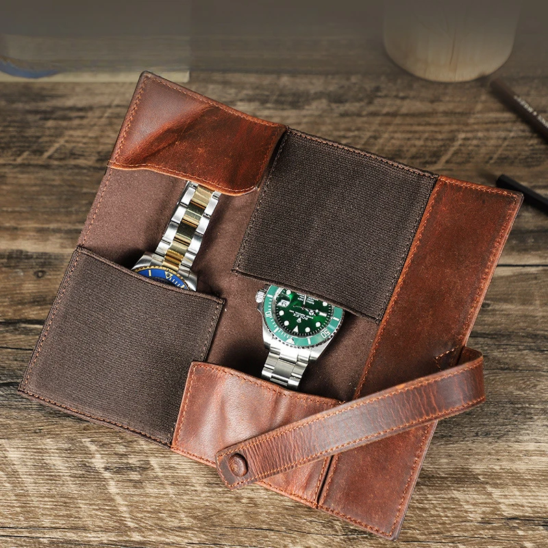 

Western Style 2-Slot Retro Vintage Two-Piece Mechanical Watch Storage Bag Stylish Buckle Genuine Leather Binding Genuine Fashion