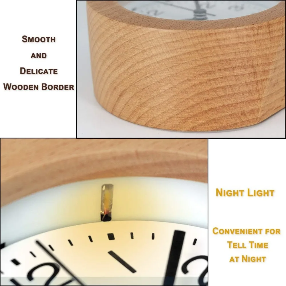 3 Inches Round Wooden Alarm Clock with Arabic Numerals Non-Ticking Silent Backlight Battery Operated Wood Table Desk Alarm Clock