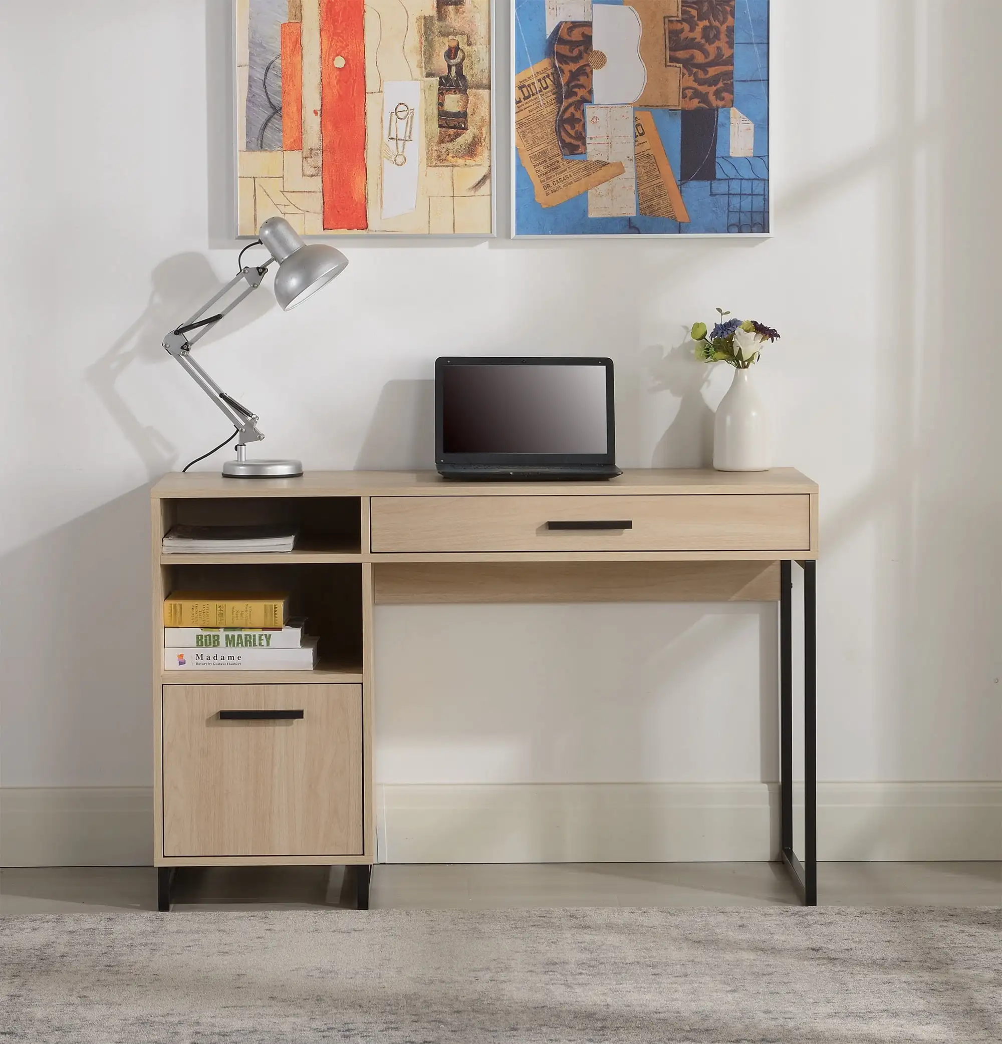 Wood & Metal Writing Desk with 1 Drawer and 1 Door for Teen Adult,29.92 in, Natural/Espresso/Canyon Walnut/White Finish.