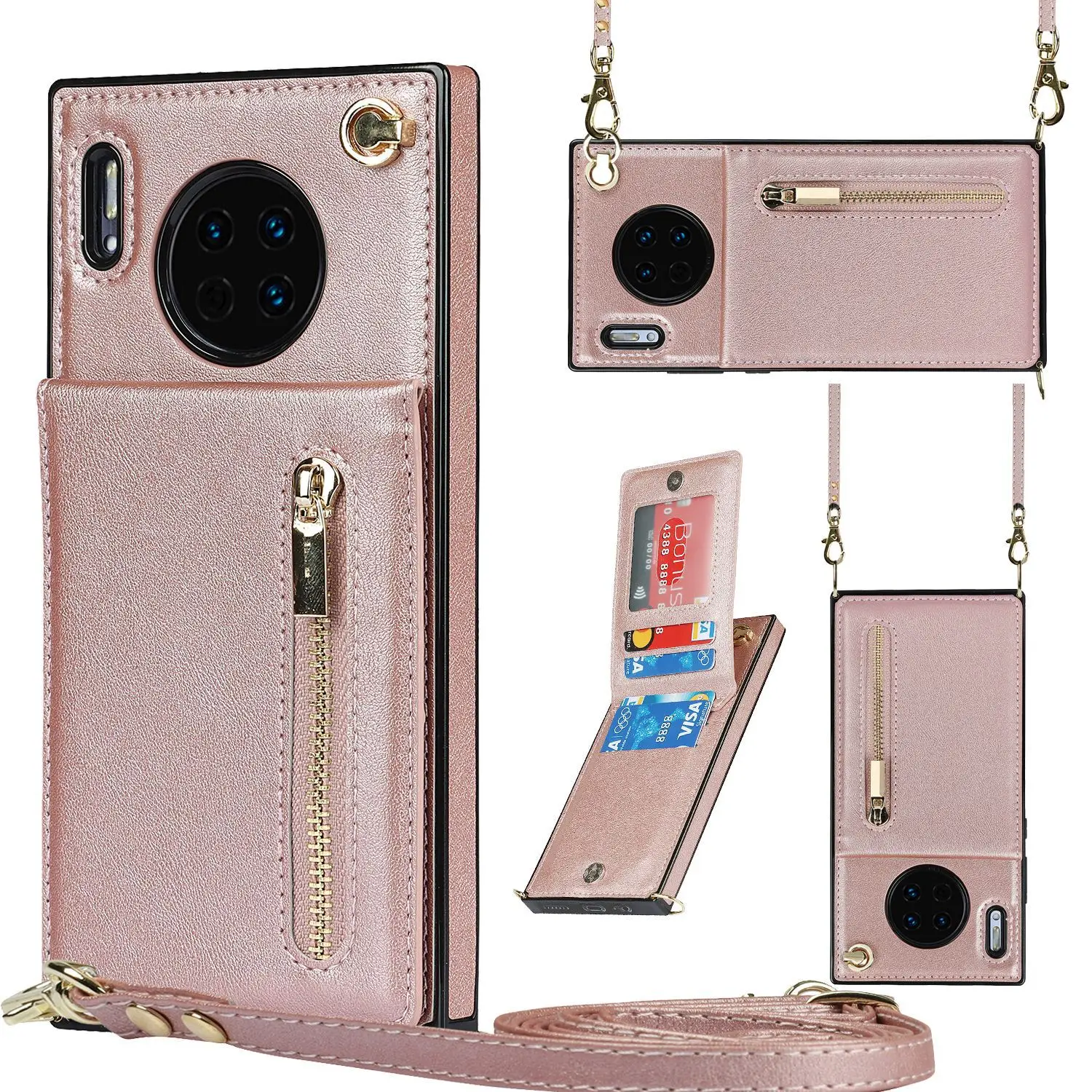 Zipper Wallet For P30 Pro P40 Lite Mate40 Mate30 Mate20 Case With Card Holder Lanyard Strap Crossbody Leather Cover Soft