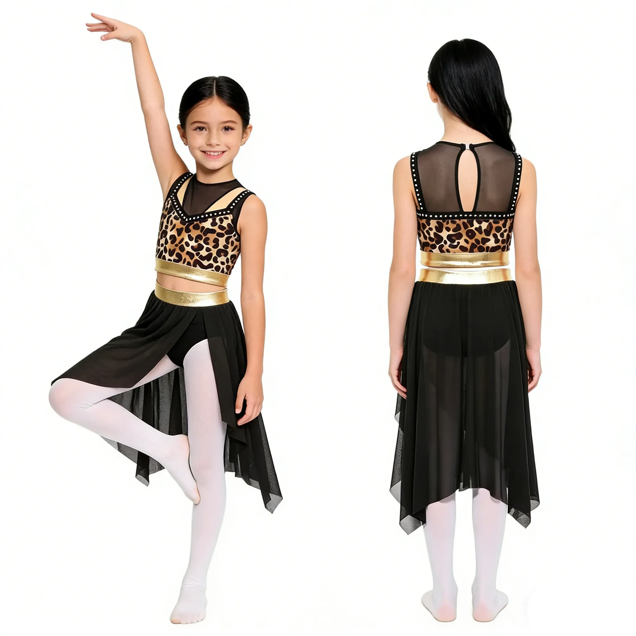 Girls Halloween Carnival Cavegirl Caveman Primitive Man Costume Crop Top with Mesh Skirt Modern Lyrical Dance Outfit Dancewear