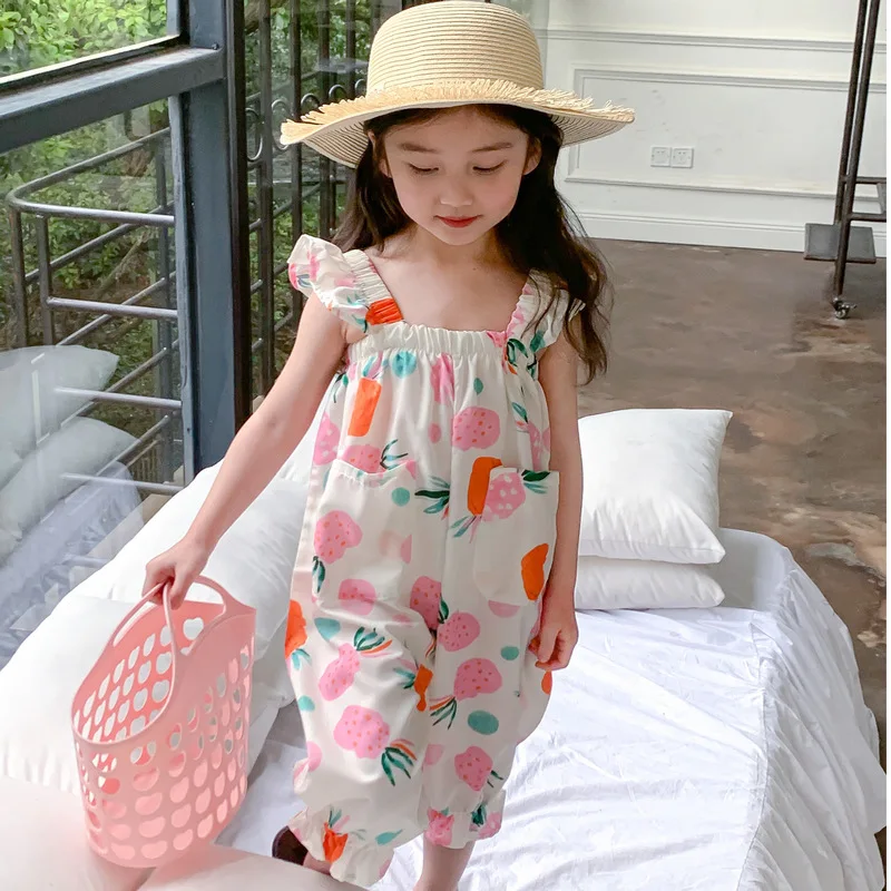 Girls\' Jumpsuit Fruit Fly Sleeved Overall For Baby Kids Capris With Pocket 2023 New Summer Casual Rompers Children Clothing