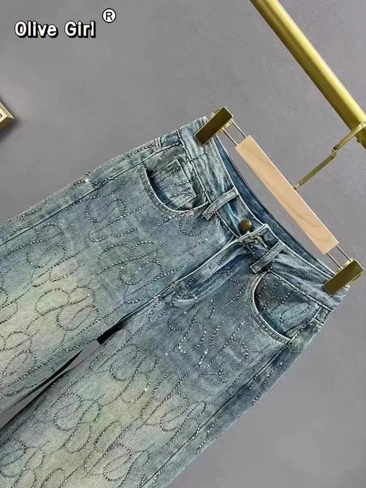 Olivegirl Women Diamond Jeans Shiny High Waist Trousers Loose Wide Leg Denim Pants Blue Rhinestone Mopping Pant Streetwear