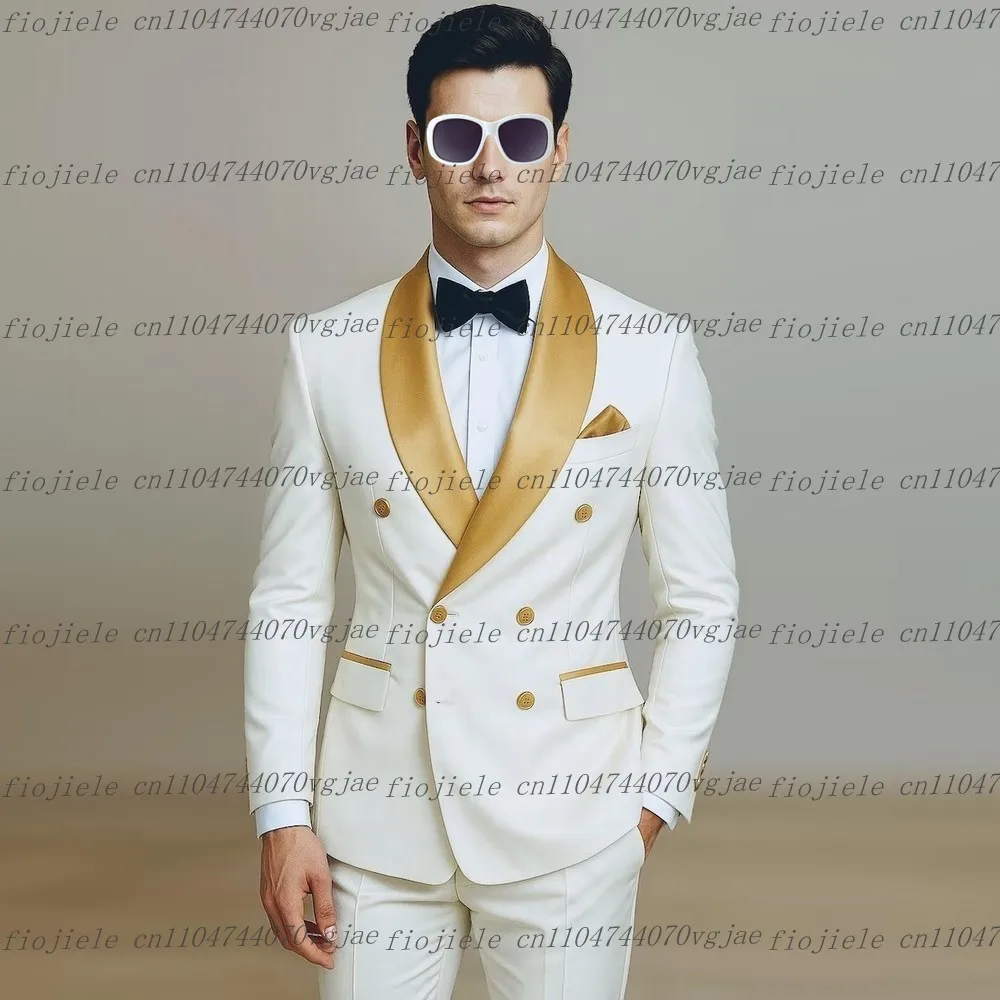 

New Gold Collar And White Men Suit Formal Wedding Party Groom Groomsman Business Prom Male Tuxedos 2 Piece Set Jacket Pants
