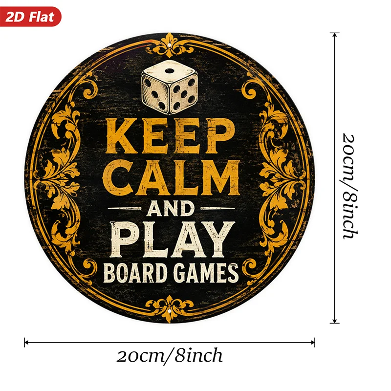 2D Flat, 1pc Keep Calm Board Games Round Metal Sign Wall Art, Dice, Home Decor, Ideal for Garden Study, Vintage Black And Golden