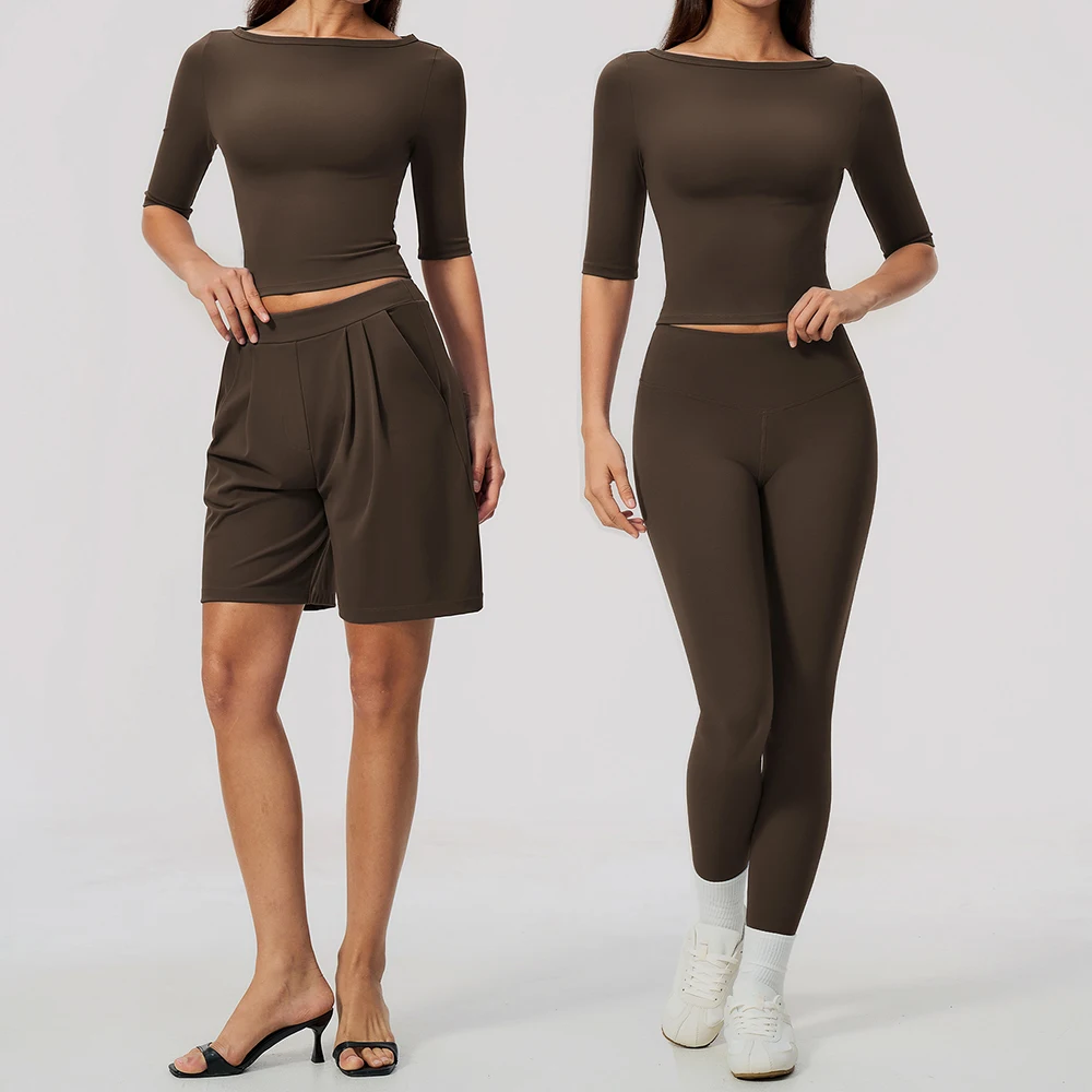 2PCS Gym Set Women's Tracksuits One Shoulder Yoga Mid Sleeve Fitness Suit Sportswear Yoga Outfit Clothing Workout Capri Leggings