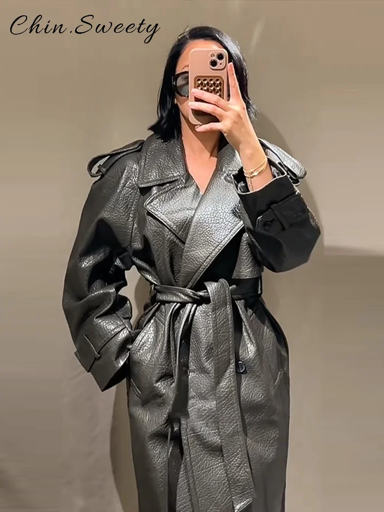 Elegant Women's Double Breasted Long Leather Coat With Belt Lapel Full Sleeve Pockets Jacket 2025 Autumn Winter Lady Outwear New