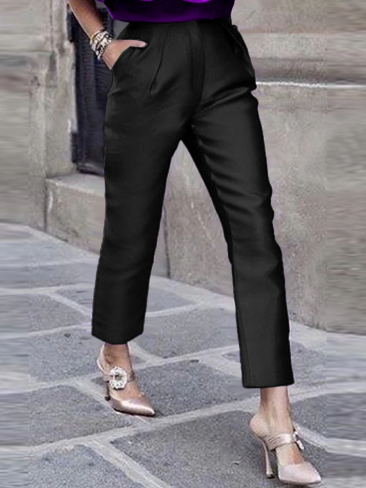 Black Pants for Women High Elastic Waist Office Lady Work Calf Length Casual Pencil Capris with Pockets Summer Shiny Trousers