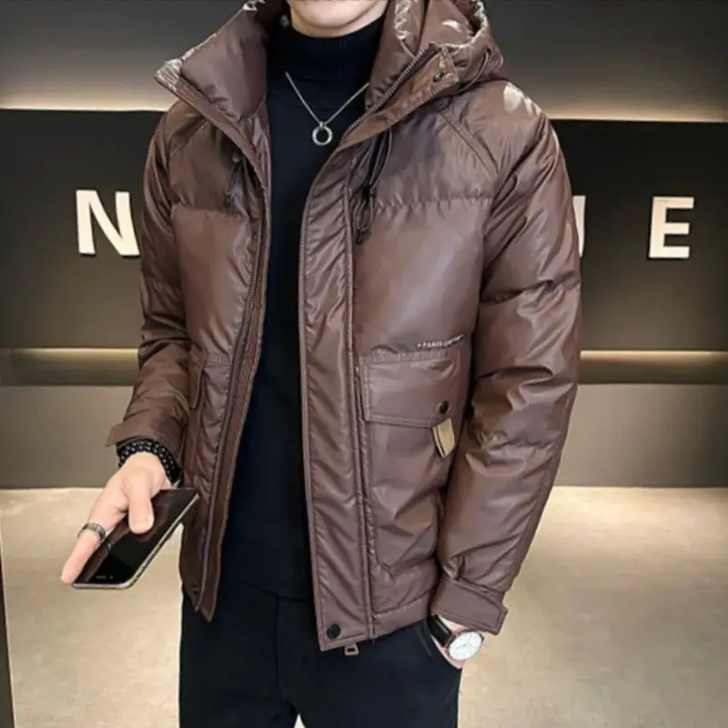 

Men's winter hooded down jacket 2024 casual thickened fashion no-wash slim warm bread jacket university man handsome waterproof