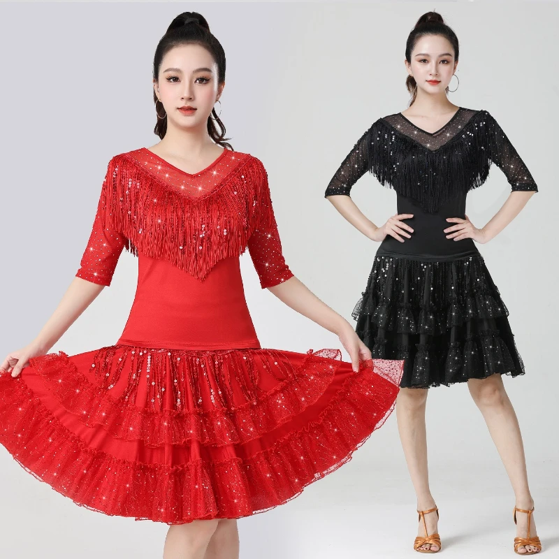 

New Fashionable Slim-Fit Latin Dance Costume Sequin Performance Set with Full-Skirt Ballroom Dance Costume for Modern Dance