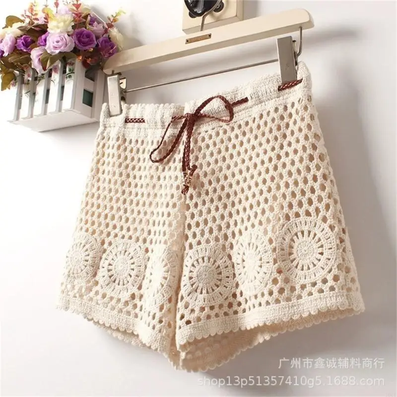Women Hollowout Crochet Knit Shorts Beach Vacation Loose Cover Up Bottoms