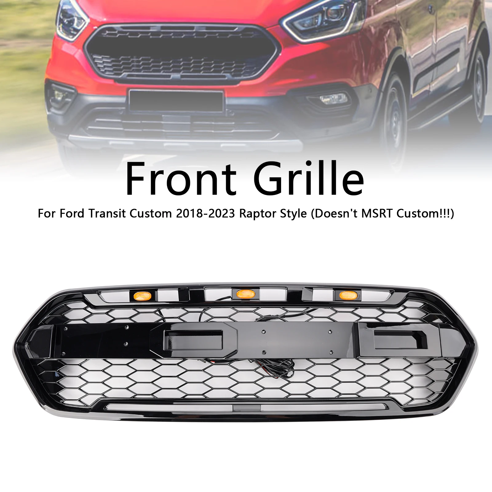 Glanzend zwart voorbumpergrille geschikt voor Ford Transit Custom Trail 2018-2023 met 3LED