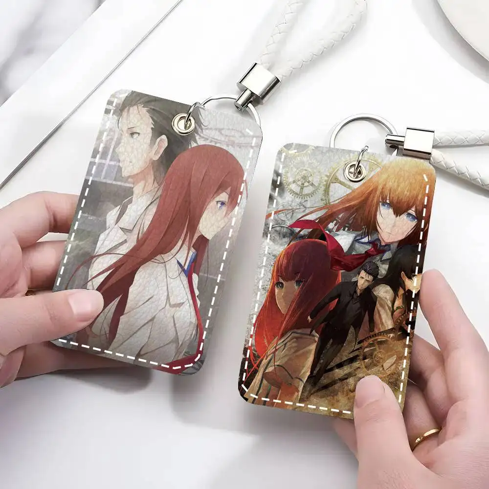 Steins Gate Card Case Keychain Access Card Bag Key Tag Ring Leather Card Holder Key Ring Access
