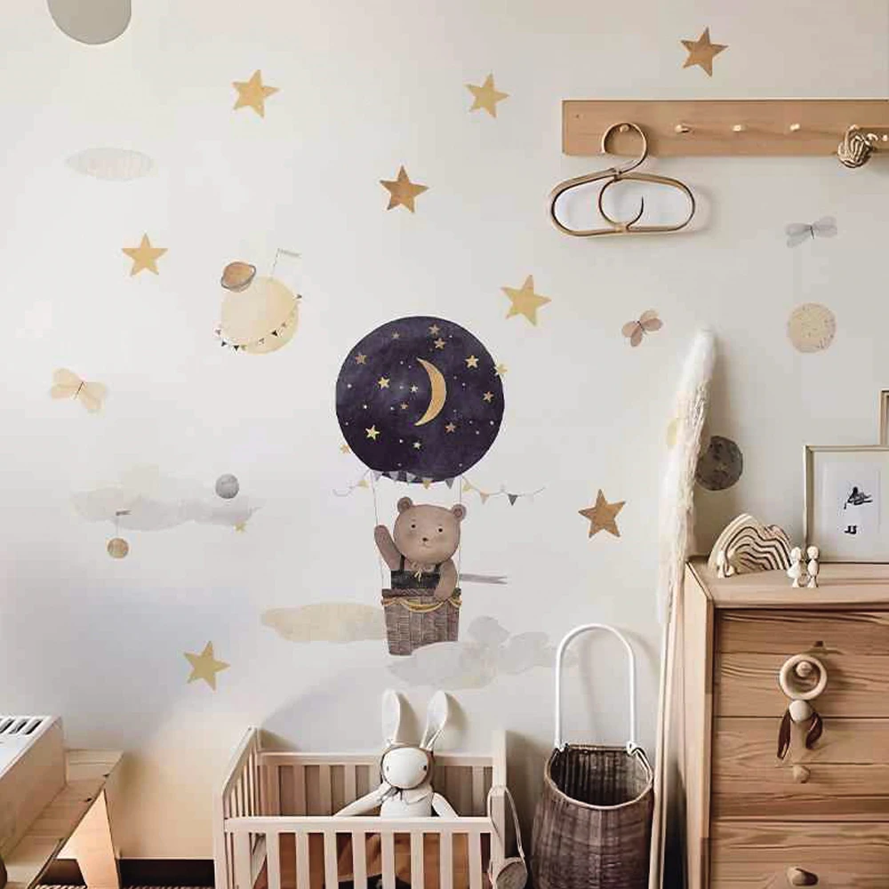 Boho Cartoon Fabric Bear  Moon Star Animals Nursery Wall Decals Art Gifts Kids Room Girls Bedroom Wall Sticker Home Decor