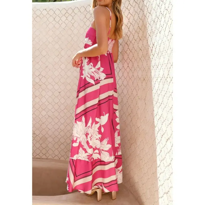 Combhasaki Donna Estate Boho Beachwear Tracolla sottile regolabile Collo quadrato Stampa floreale A-line Cami Slip Abito lungo fluido