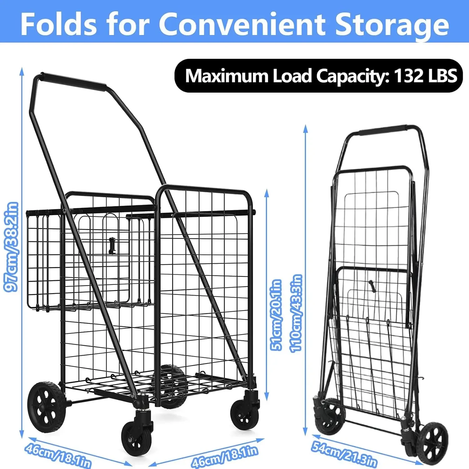 عربة تسوق قابلة للطي شديدة التحمل مع بطانة مقاومة للماء و360 درجة ° عجلات دوارة | عربة بقالة قابلة للطي لسهولة النقل #2