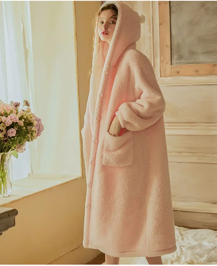 Women Sleepwear Lolita Princess Robe Hooded Flannel Pajamas.Warm Night Bathrobes Sleep Robes Nightgown Dressing Gown Loungewear