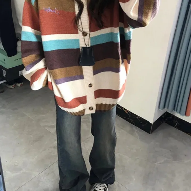 여성용 스트라이프 패널 자수 가디건, 싱글 브레스트, 헐렁한 부드러운 올 매치 프레피 패션 대학, 가을 시크, 한국 스타일