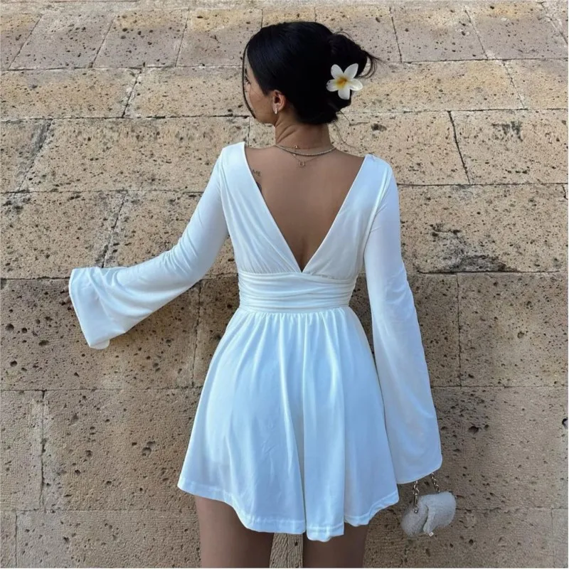 New Sexy Deep V Solid Color Pleated Dress Lady Trendy Backless High Waist Mini Dresses French Flared Sleeve A-line White Dress