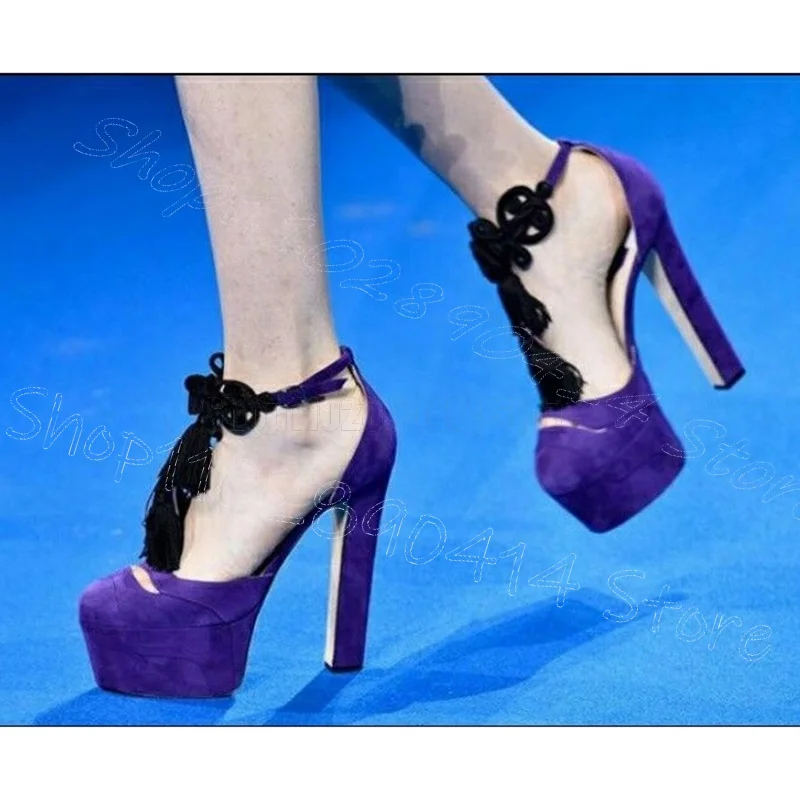 

Black Knitted Tassels Purple Suede Platform Pumps Buckle Strap Women Shoes Chunky High Heels New Party 2025 Zapatos Para Mujere