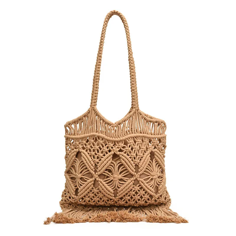 

Hand Woven Tote Bag Women Casual Daily Use Fringe Detail Hollow Out Solid Color Boho Style Beach Shoulder Bags