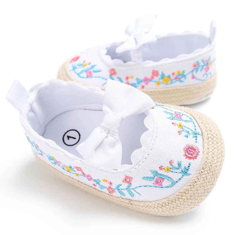 Floral Embroidery Bow Princess Shoes, Soft Comfort Footwear, Baby Learning Walk Shoes for Infants 0-18M