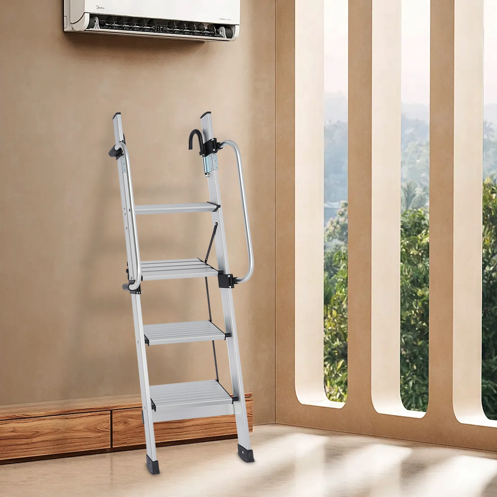 Stylish&Easy-Clean 4-Step Ladder - Silver Modern Design Blends Into Home Styles, Smooth Surface Wiped With Damp Rag