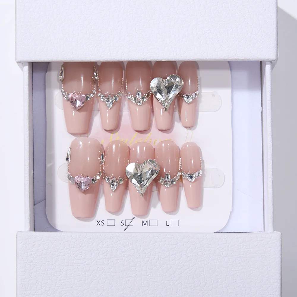 

10pcs Handmade Press on Nails Long Ladder French Cat's Eye Heart Diamond False Nail for Women&Girl Detachable Wearable Nail